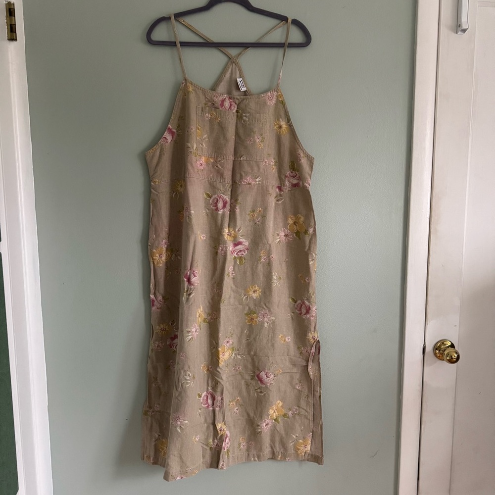Vintage linen rayon jumper dress floral large
